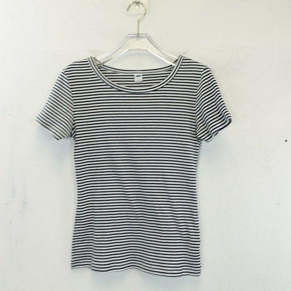 OLD NAVY Women's Navy Blue White Top Blouse SMALL Stretch Striped Short Sleeve - Picture 1 of 8